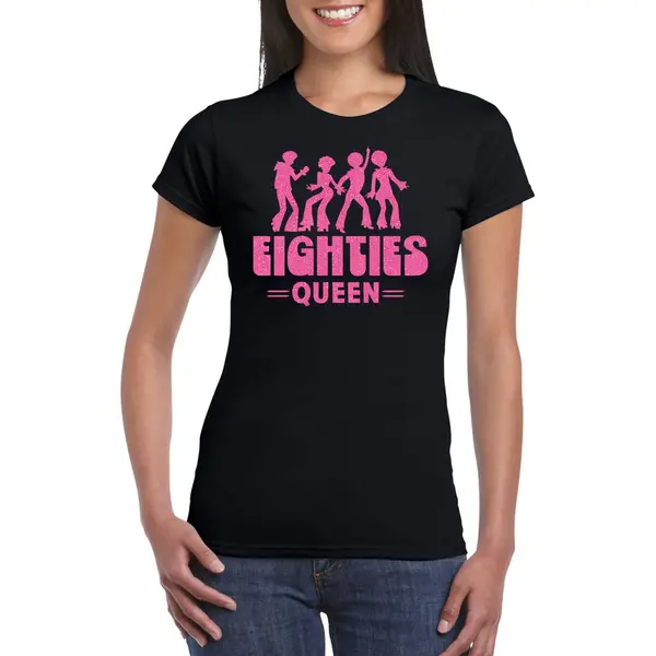 Bellatio Decorations Verkleed Shirt Voor Dames - Eighties Queen - Zwart/roze - Jaren 80 - Carnaval L thumbnail