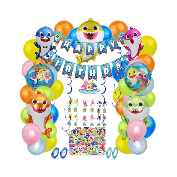 Joya Party® Shark Kinder Verjaardag Versiering 128 Stuks | Baby Haai Themafeest Decoratie | Inclusief Feest Ballonnen, Slingers, Toppers & thumbnail