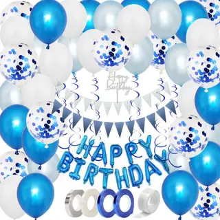 Joya Party® Compleet Blauw Verjaardagsversieringspakket | Blauwe & Witte Helium Ballonnen | Verjaardag Versiering | Happy Birthday Slingers | Ballon