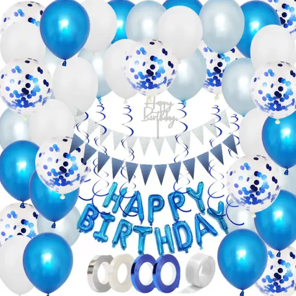 Joya Party® Compleet Blauw Verjaardagsversieringspakket | Blauwe & Witte Helium Ballonnen | Verjaardag Versiering | Happy Birthday Slingers | Ballon thumbnail