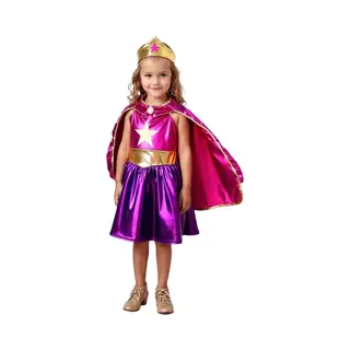 Joyakids Joya Kids® Metallic Verkleedjurk Met Cape En Kroon Roze & Paars | Prinsessencape | Cape Set | Superheldin Ster Jurk Met Cape | Super Jurk | Prinses |