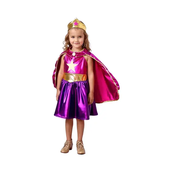 Joyakids Joya Kids® Metallic Verkleedjurk Met Cape En Kroon Roze & Paars | Prinsessencape | Cape Set | Superheldin Ster Jurk Met Cape | Super Jurk | Prinses | thumbnail