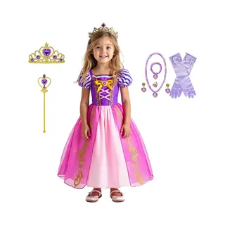 Joyakids Joya Kids® Roze Prinsessenjurk Meisje Korte Mouw | Verkleedjurken Meisjes | Prinses Jurk Meisje Roze En Paars | Met Kroon, Toverstaf, Handschoenen En