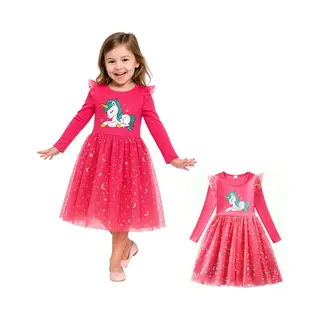 Joyakids Joya Kids® Unicorn Verkleedjurk Meisjes | Hard Roze Jurkje Met Lange Mouwen & Tule Rok | Comfortabele Prinsessenjurk Voor Kinderen | T-shirt Stof |