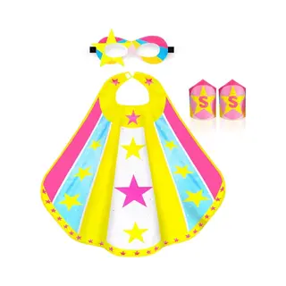 Joyakids Joya Kids® Verkleedset Meisje | Superheldin Cape Masker Armbanden | Roze, Blauw En Geel Met Sterren | Verkleedkleding Kinderen 3-8 Jaar | Carnaval &