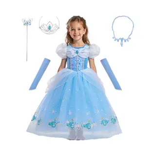 Joyakids Joya Kids® Licht Blauwe Prinses Verkleedjurk Meisjes | Prinsessenjurk Lichtblauw Met Accessoires | Kroon, Staf, Handschoenen & Sieraden | Carnaval &
