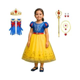 Joyakids Joya Kids® Sneeuw Prinses Verkleedjurk Meisjes | Prinsessenjurk Blauw En Geel Met Accessoires | Kroon, Staf, Handschoenen & Sieraden | Verkleedset