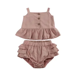 Joyakids Joya Kids® 2-delige Baby En Peuter Linnen Zomersetje Met Ruffles | Topje Met Bloomer Oud Roze | Katoen Setje Meisje Zomer Outfit | Verjaardag /