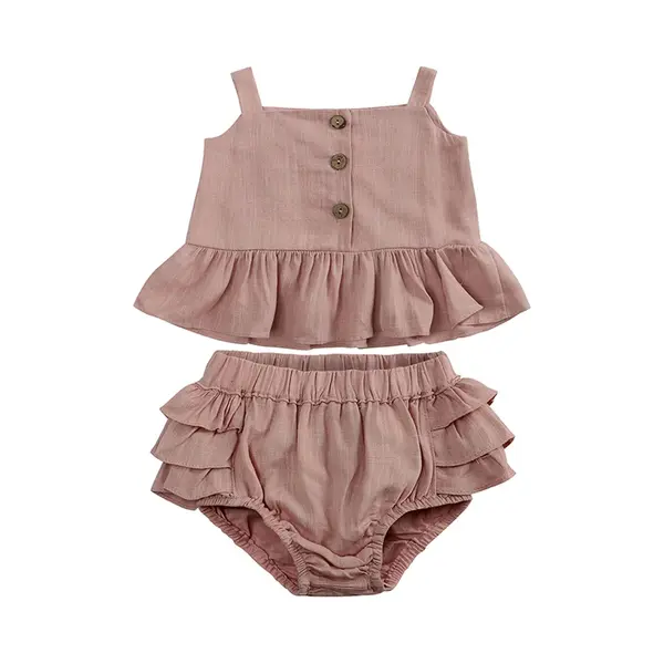 Joyakids Joya Kids® 2-delige Baby En Peuter Linnen Zomersetje Met Ruffles | Topje Met Bloomer Oud Roze | Katoen Setje Meisje Zomer Outfit | Verjaardag / thumbnail