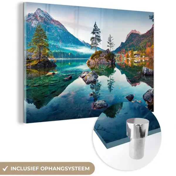 MuchoWow Glasschilderij Natuur - Water - Bergen - Bomen - Mist - Woonkamer - Schilderij Glas - 150x100 Cm - Muurdecoratie - Foto Op Glas - Woondecoratie - thumbnail