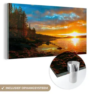 MuchoWow Glasschilderij - Schilderij Glas - Zonsondergang - Bomen - Zee - Foto Op Glas - Kamer Decoratie - Wanddecoratie Natuur - Acrylglas - 120x60 Cm -