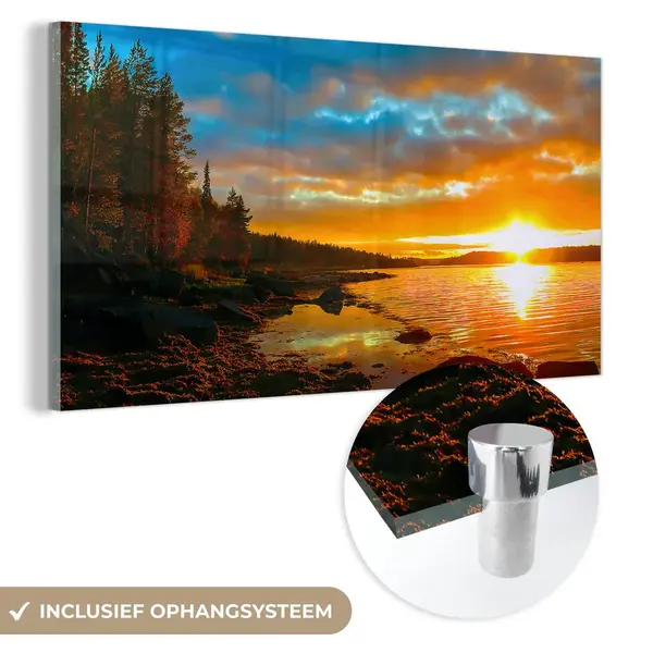 MuchoWow Glasschilderij - Schilderij Glas - Zonsondergang - Bomen - Zee - Foto Op Glas - Kamer Decoratie - Wanddecoratie Natuur - Acrylglas - 120x60 Cm - thumbnail