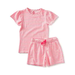 Little Label Pyjama Meisjes Maat 134-140/10Y - Roze, Wit - Bretonse Streep - Shortama - Zachte Bio Katoen