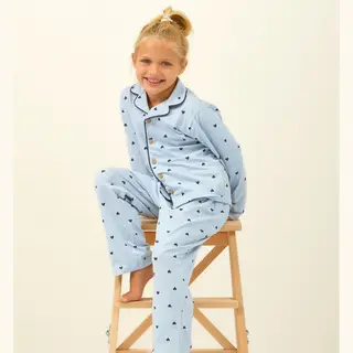 Little Label - Klassieke Meisjes Pyjama Lichtblauw Hartjes 10Y/134-140 - Zachte Bio Katoen