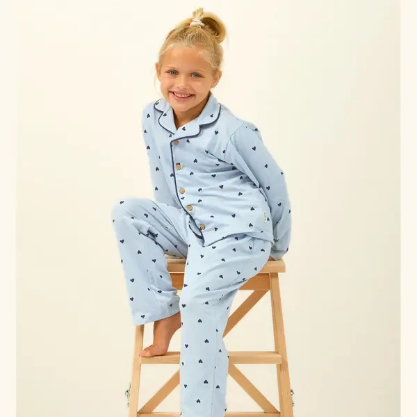 Little Label - Klassieke Meisjes Pyjama Lichtblauw Hartjes 10Y/134-140 - Zachte Bio Katoen thumbnail