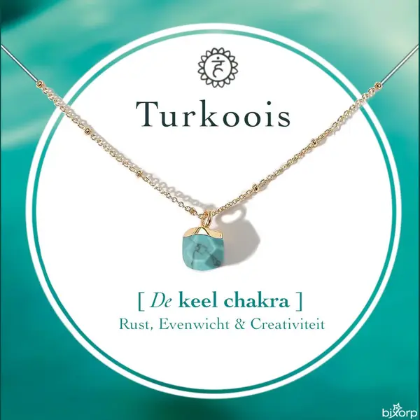 Bixorp Gems Keel Chakra Ketting Turkoois + 18 Karaat Verguld Goud & Roestvrij Staal - 36cm + 8cm Verstelbaar - Throat Chakra thumbnail