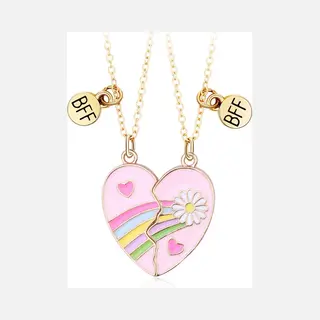 Bixorp Friends Bff Ketting Voor 2 Met Roze Hartje - Goudkleurig - Madeliefje & Regenboog - Magnetische Vriendschapsketting - Twee Helften Best Friends