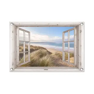 GreatGardenPosters Tuinposter Doorkijk Raam - Tuindecoratie Strand En Zee - 60x40 Cm - Tuinschilderij Voor Buiten Natuur - Tuindoek Duinen - Wanddecoratie Tuin -