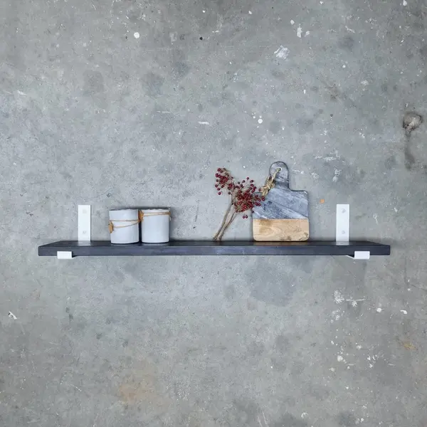 GoudmetHout Massief Eiken Wandplank - 160x20 Cm - Zwart Eiken - Industriële Plankdragers L-vorm Up Mat Wit - Staal - Zwarte Wandplank thumbnail