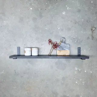 GoudmetHout Massief Eiken Wandplank - 80x20 Cm - Zwart Eiken - Industriële Plankdragers L-vorm Up Mat Blank - Staal - Zwarte Wandplank