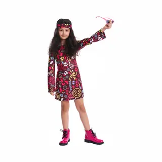 Partytrader Kostuum Meisjes Hippie Kleurrijk – 10-12 Jaar – Inclusief Jurk En Hoofdband – Carnaval & Verkleedkleding