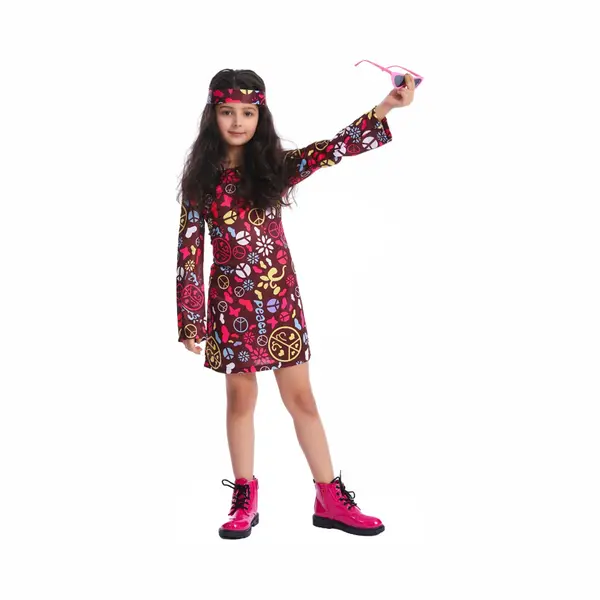 Partytrader Kostuum Meisjes Hippie Kleurrijk – 10-12 Jaar – Inclusief Jurk En Hoofdband – Carnaval & Verkleedkleding thumbnail