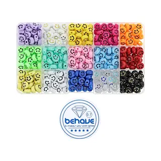 Behave Smiley Kralen Set - Knutselen Meisjes - Emoji Kralen - Diy Sieraden Maken - Rijgdraad - 15 Kleuren - 9x6mm - 25 Kralen Per Kleur - Totaal 375
