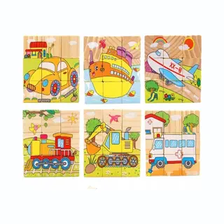 Playos Blokpuzzel - 9 Blokken - Educatief Speelgoed - Voertuigen - Auto - Boot - Vliegtuig - Bus - Trein - Vrachtwagen - Takelwagen - Kubus Puzzel - Houten