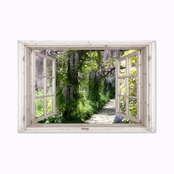 GreatGardenPosters Tuinposter Doorkijk - Wit Raam - Tuindecoratie Blauwe Regen - 180x120 Cm - Tuinschilderij Voor Buiten - Tuindoek - Wanddecoratie Tuin - Schuttingdoek thumbnail