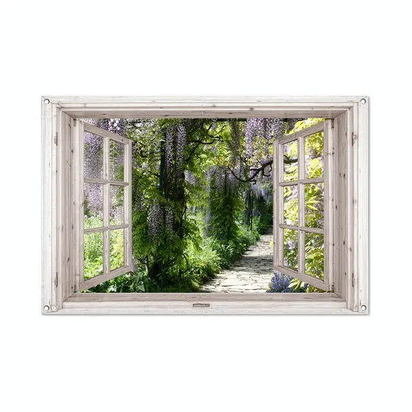 GreatGardenPosters Tuinposter Doorkijk - Wit Raam - Tuindecoratie Blauwe Regen - 120x80 Cm - Tuinschilderij Voor Buiten - Tuindoek - Wanddecoratie Tuin - Schuttingdoek - thumbnail