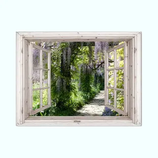 GreatGardenPosters Tuinposter Doorkijk - Wit Raam - Tuindecoratie Blauwe Regen - 160x120 Cm - Tuinschilderij Voor Buiten - Tuindoek - Wanddecoratie Tuin - Schuttingdoek