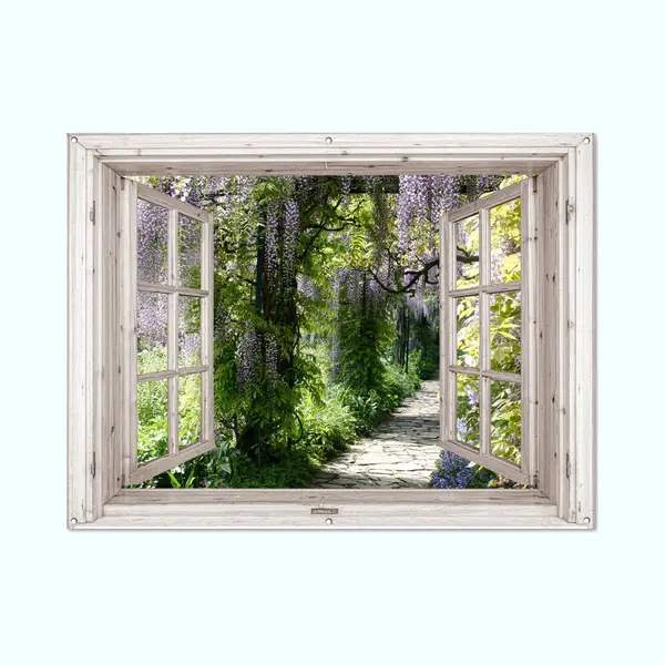 GreatGardenPosters Tuinposter Doorkijk - Wit Raam - Tuindecoratie Blauwe Regen - 160x120 Cm - Tuinschilderij Voor Buiten - Tuindoek - Wanddecoratie Tuin - Schuttingdoek thumbnail