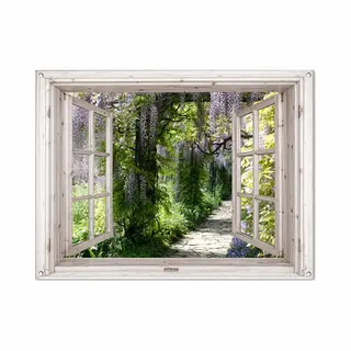 GreatGardenPosters Tuinposter Doorkijk - Wit Raam - Tuindecoratie Blauwe Regen - 120x90 Cm - Tuinschilderij Voor Buiten - Tuindoek - Wanddecoratie Tuin - Schuttingdoek -