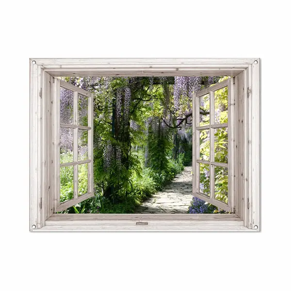 GreatGardenPosters Tuinposter Doorkijk - Wit Raam - Tuindecoratie Blauwe Regen - 120x90 Cm - Tuinschilderij Voor Buiten - Tuindoek - Wanddecoratie Tuin - Schuttingdoek - thumbnail