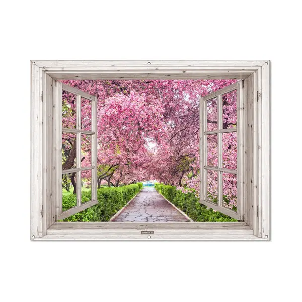 GreatGardenPosters Tuinposter Doorkijk Sakura - Wit Raam - Tuindecoratie Roze Bloemen - 160x120 Cm - Tuinschilderij Voor Buiten - Tuindoek Bloesemboom - Wanddecoratie thumbnail