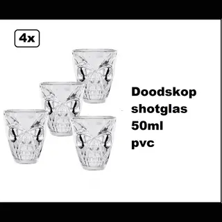 PartyXplosion 4x Doodskop Shotglas 50ml - Kunstof - Halloween Horror Griezel Doods Hoofd Creepy Shot Drinken Thema Feest Festival