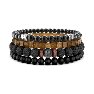 Malinsi® Armband Heren En Dames - Onyx En Lava Stone Natuursteen Set Van 4 Wood - Mannen En Vrouwen Kralen Armbandje