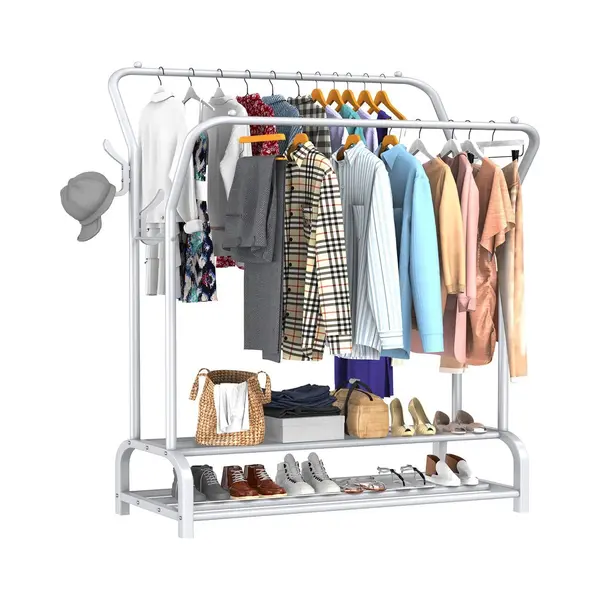 Avalo Industrieel Kledingrek Dubbele Stang - Metaal - 110x33x150 Cm - Wit - Opbergruimte Voor Schoenen - Garderoberek Met Haken thumbnail