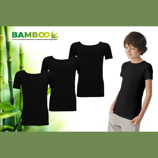 Bamboo - T Shirt Kinderen Jongens - Ronde Hals - 3 Stuks - Zwart - 134-140 - Bamboe - Ondershirt - Extra Lang - Anti Zweet T-Shirt Jongens thumbnail