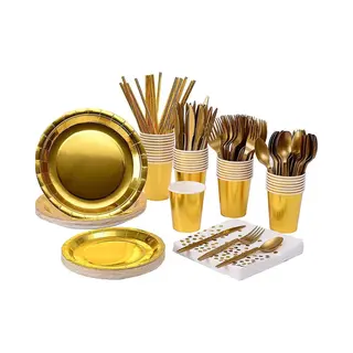 Wegwerp Servies - Feestservies - 25 Personen - Herbruikbaar Bestek - Goud