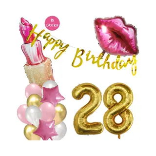 Snoes Beauty Helium Ballonnen Set 28 Jaar - Roze Folieballonnen - Slinger Happy Birthday Goud