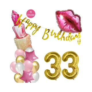 Snoes Beauty Helium Ballonnen Set 33 Jaar - Roze Folieballonnen - Slinger Happy Birthday Goud