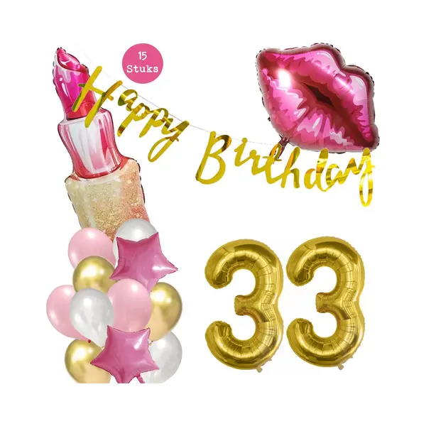 Snoes Beauty Helium Ballonnen Set 33 Jaar - Roze Folieballonnen - Slinger Happy Birthday Goud thumbnail