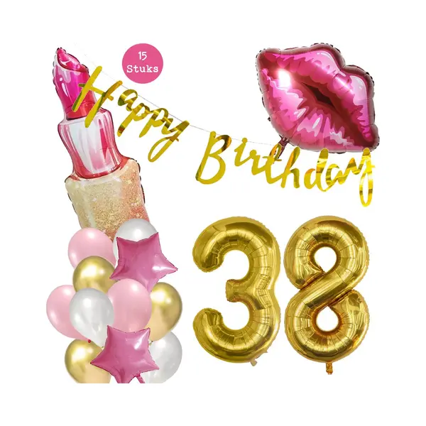 Snoes Beauty Helium Ballonnen Set 38 Jaar - Roze Folieballonnen - Slinger Happy Birthday Goud thumbnail