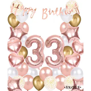 Snoes Ballonnen 33 Jaar Rose Gold White Dots - Compleet Feestpakket Met Cijfer Ballon 33 Jaar - Verjaardag Versiering Slinger Happy Birthday –