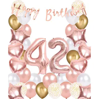 Snoes Ballonnen 42 Jaar Rose Gold White Dots - Compleet Feestpakket Met Cijfer Ballon 42 Jaar - Verjaardag Versiering Slinger Happy Birthday –