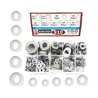 Allernieuwste.nl® 910 Stuks Platte Ringen Assortiment 304 Roestvrijstaal Rvs M2.5 M3 M4 M5 M6 M8 M10 M12 Mix Sluitringen ##