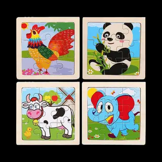 4 X Houten Kinder Puzzels Dieren - Leerzaam Speelgoed Met 9 Houten Stukjes - 4 Puzzels