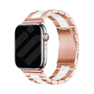 Strap-it Stalen Schakel Band - Geschikt Voor Apple Watch Bandje -Series 1/2/3/4/5/6/7/8/9/10/11/Se/SE2/SE3/Ultra (2/3) - Rose Gold/Wit - Metalen Band
