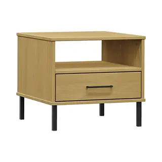 VidaXL Bedside Table - Solid Pine Wood With Metal Legs, Brown - 1 Drawer 1 Compartment, Industrial Style Nightstand, Oslo Range